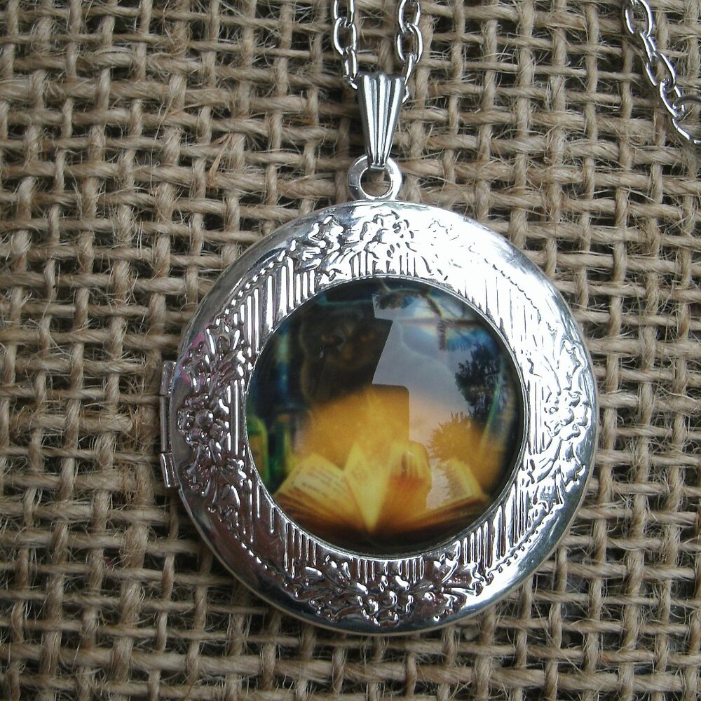 Black Cat & Magic Book Locket Pendant Necklace